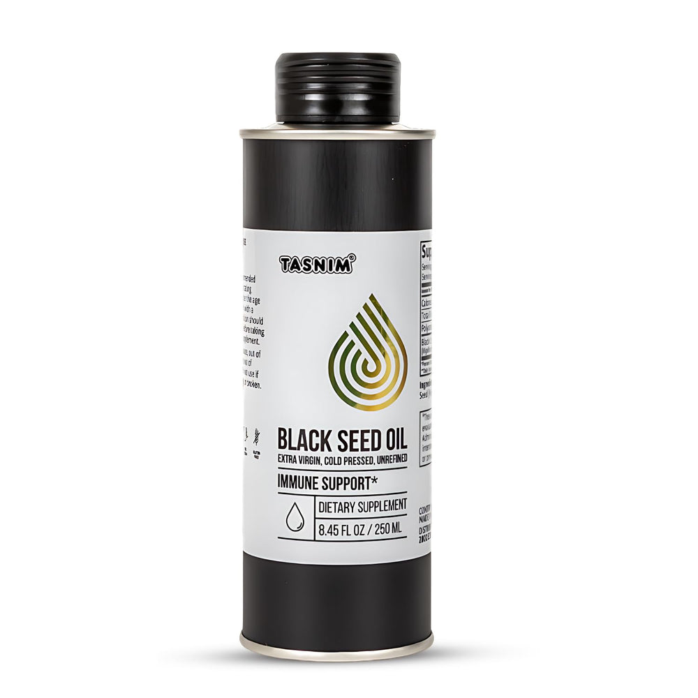 Tasnim Ethiopian Black Seed Oil bottle signals premium cold-pressed oil for potential immune support.