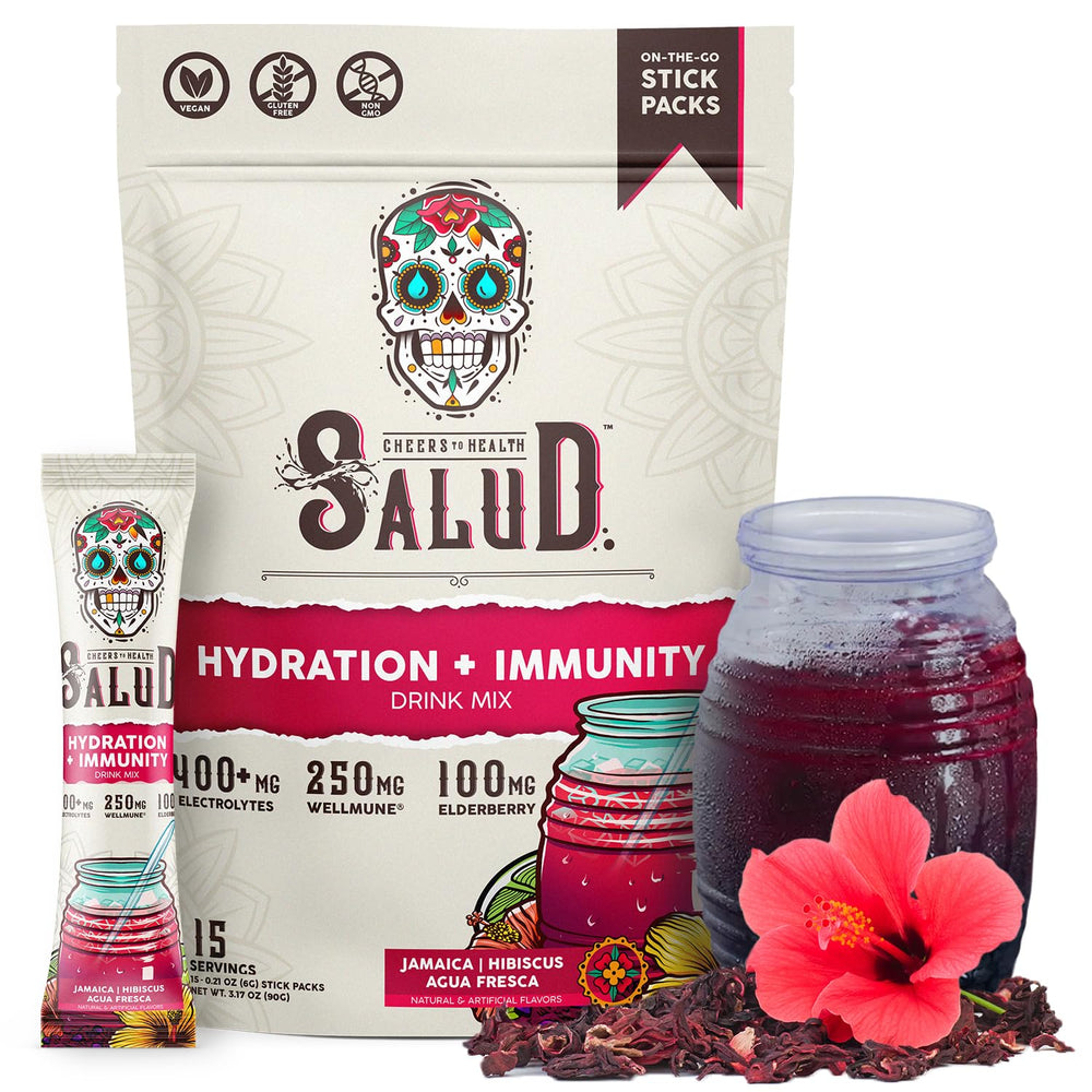 Taste Salud hibiscus hydration packet closeup for on-the-go refreshment anytime.