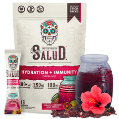Taste Salud hibiscus hydration packet closeup for on-the-go refreshment anytime.