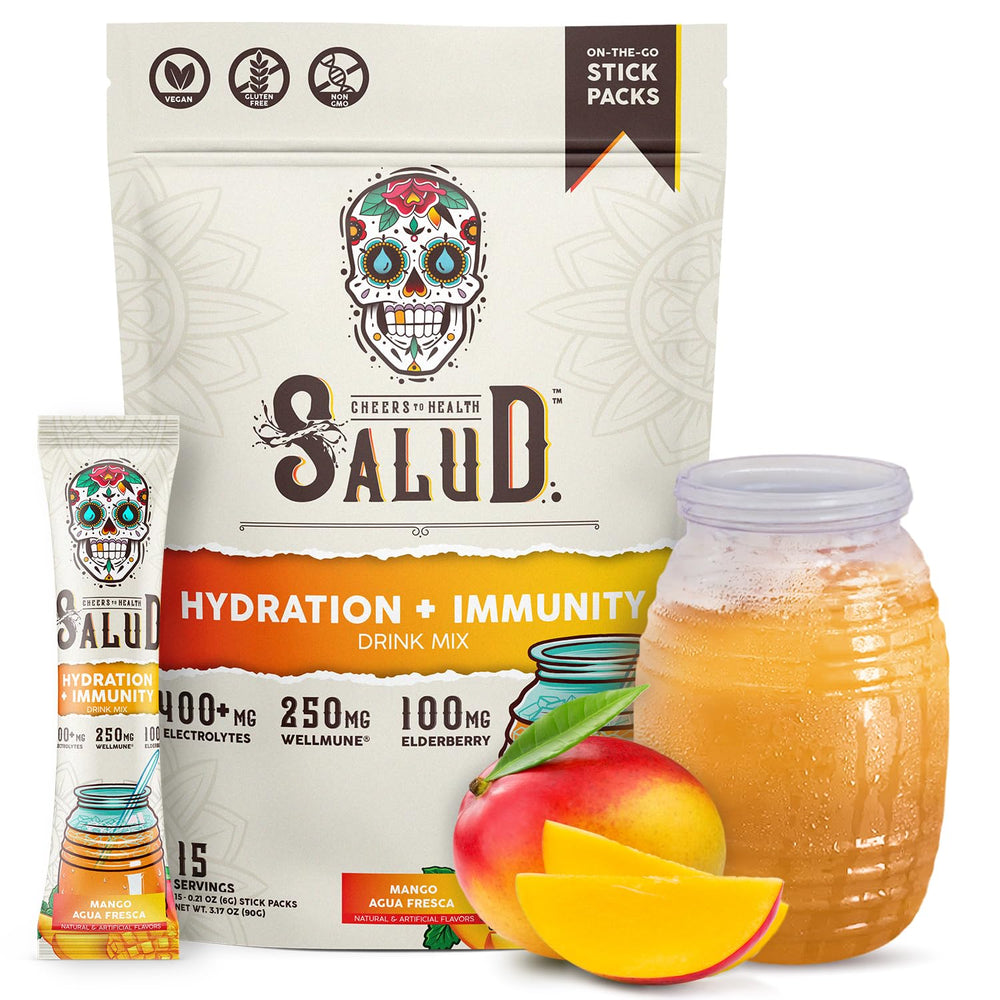 Taste Salud hydration packet being poured for a quick electrolyte boost