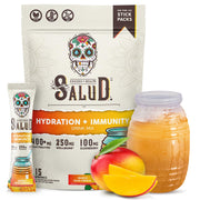 Taste Salud hydration packet being poured for a quick electrolyte boost
