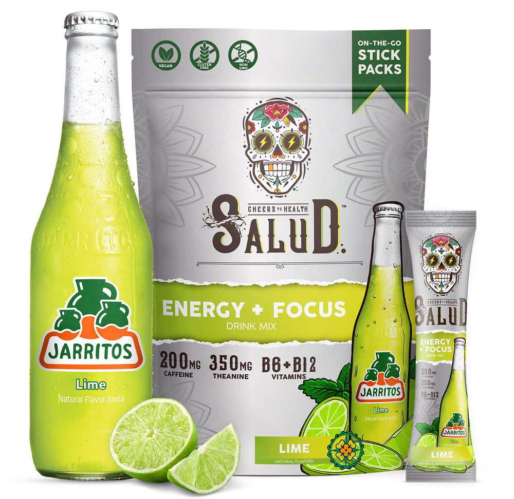 Taste Salud x Jarritos 2-in-1 energy powder poured into water for a lime Agua Fresca boost.