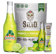 Taste Salud x Jarritos 2-in-1 energy powder poured into water for a lime Agua Fresca boost.