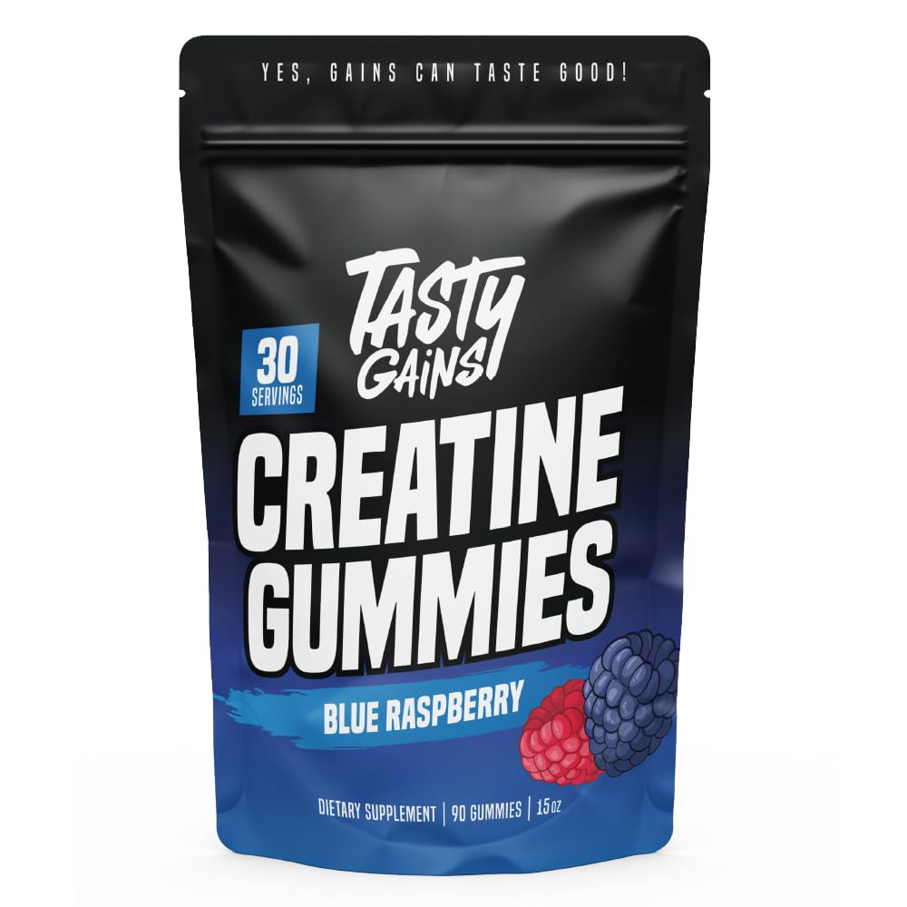 TASTY GAINS Creatine Gummies bottle front, blue raspberry flavor for workouts.