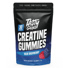 TASTY GAINS Creatine Gummies bottle front, blue raspberry flavor for workouts.