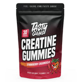 The TASTY GAINS Creatine Gummies bottle provides convenient daily supplementation for workouts.