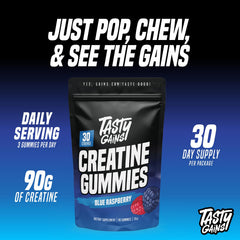 TASTY GAINS Creatine Gummies jar closeup highlights 1 g per gummy.