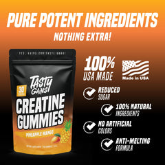Close-up of TASTY GAINS Creatine Gummies texture indicating chewy candy-like form.