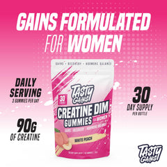 TASTY GAINS DIM Hormone Balance Gummies label highlights estrogen support.