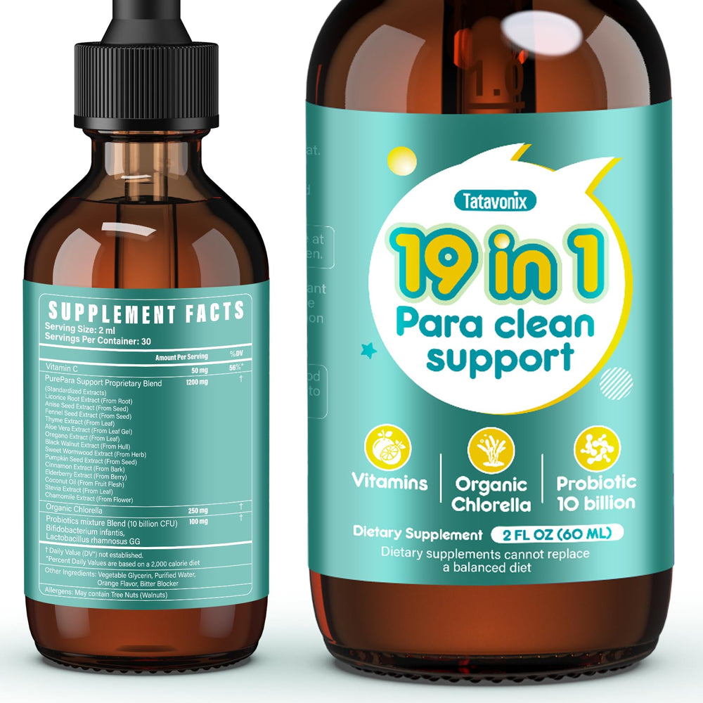 Tatavonix 19in1 gut cleanse bottle pour showing easy daily dosing for families