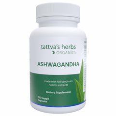 Tattva's Herbs Organic Ashwagandha capsules bottle front, ready for everyday balance.