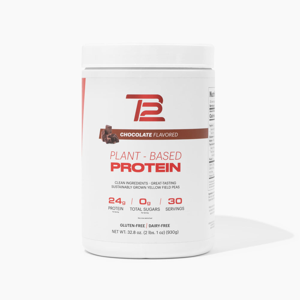 TB12 chocolate protein powder canister showing a vegan protein source for active days