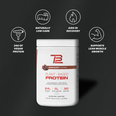 TB12 label closeup showing non-GMO and dairy-free vegan protein attributes