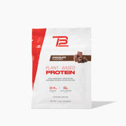 TB12 Plant Based Protein Chocolate tub on shelf for easy meal replacement.