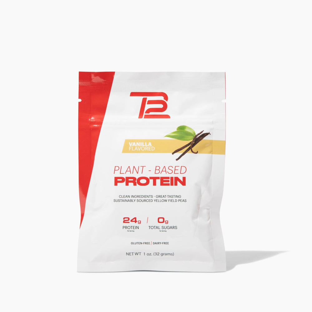 TB12 vanilla plant-based protein powder bottle for on-the-go fueling