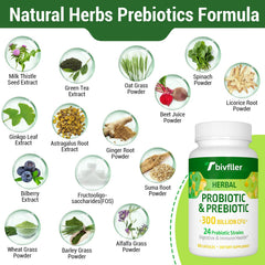 Tbivfller Probiotics 24 strains label highlights diverse gut bacteria.