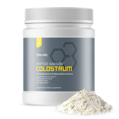 TBR Labs Colostrum Powder bottle with scoop promotes gut health and daily wellness.
