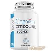 Teaveli Cognizin 500mg capsules bottle highlighting cognitive support dosage.