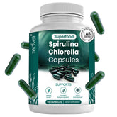 Teaveli spirulina-chlorella capsules bottle for easy, vegan daily supplementation.