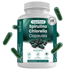 Teaveli spirulina-chlorella capsules bottle for easy, vegan daily supplementation.