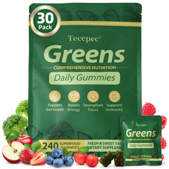 Tecepec Greens Daily Gummies bottle with colorful gummies for daily energy support.