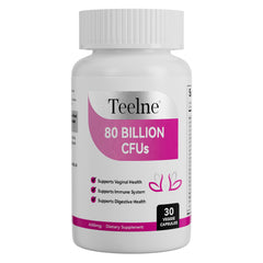 Teelne women's probiotics bottle highlighting 80B CFU for daily gut balance.