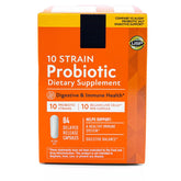 10-Strain Probiotic bottle highlighting digestive care for daily use