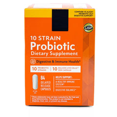 10-Strain Probiotic bottle highlighting digestive care for daily use