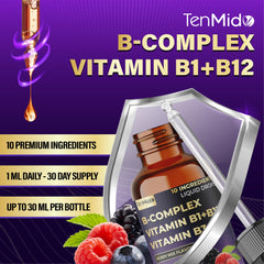 Tenmido vitamin B complex liquid drops dropper dispensing for easy, accurate dosing.
