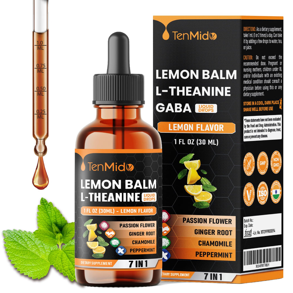 Tenmido 7in1 lemon balm tincture bottle on a clean surface.