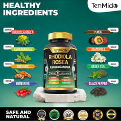 8in1 blend ingredients graphic highlighting Rhodiola and adaptogens.