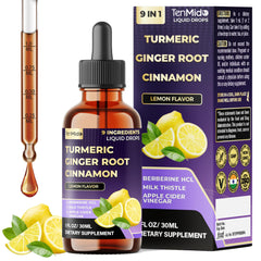 Tenmido 9in1 liquid turmeric bottle showing a complete herbal blend for daily balance