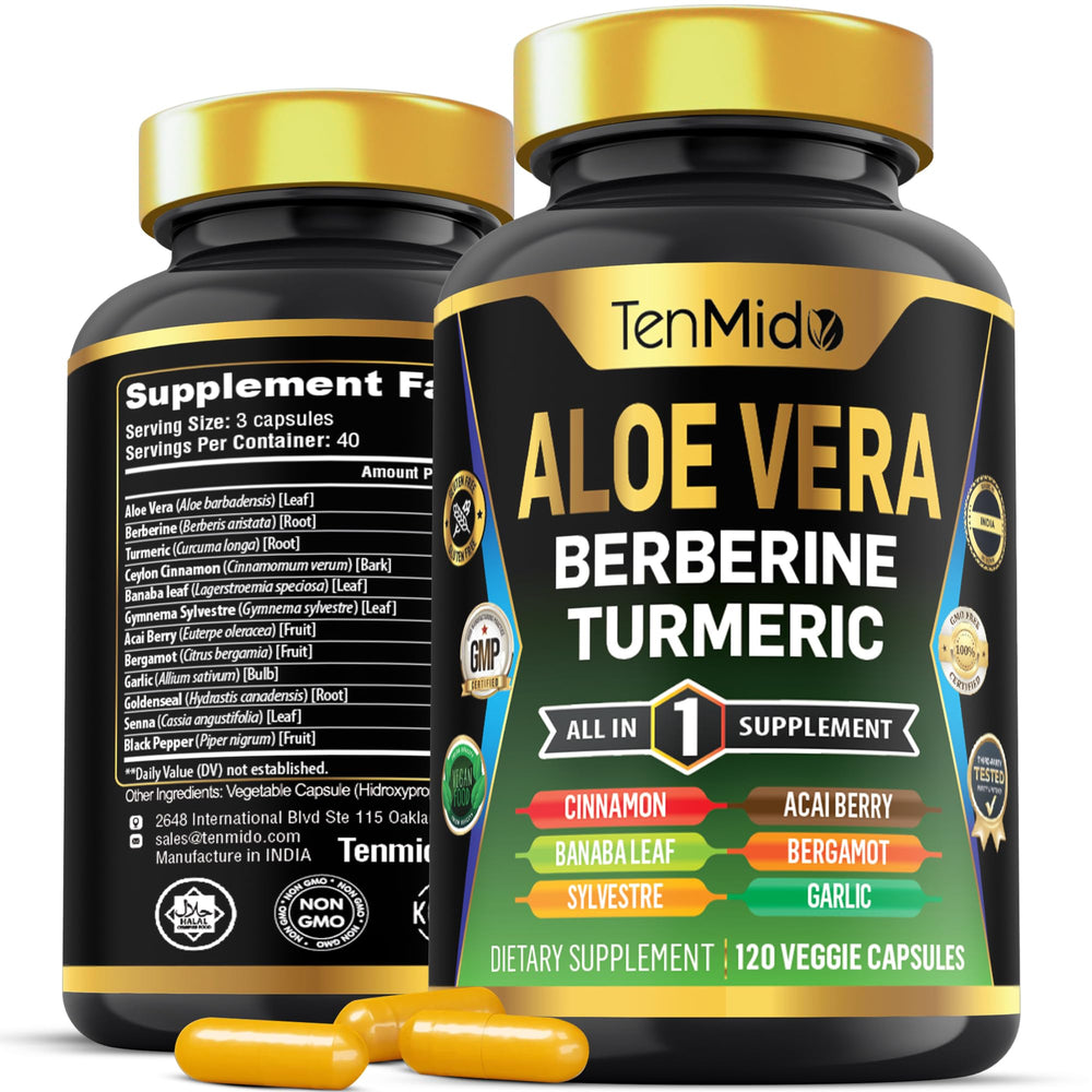 Tenmido Aloe Vera Capsules bottle front for daily wellness support.