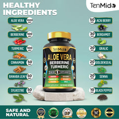 Tenmido Aloe Vera label close-up emphasizing purity and ingredients.