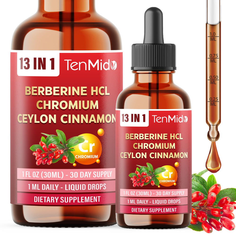 Tenmido Berberine liquid drops bottle in focus for easy daily routine.