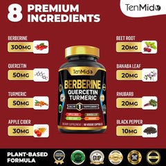 Tenmido Berberine with quercetin and turmeric visualizing enhanced nutrient blend.