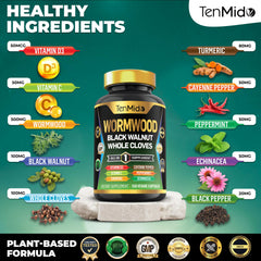 Tenmido capsules closeup extract labels showing high-potency wormwood and extracts.