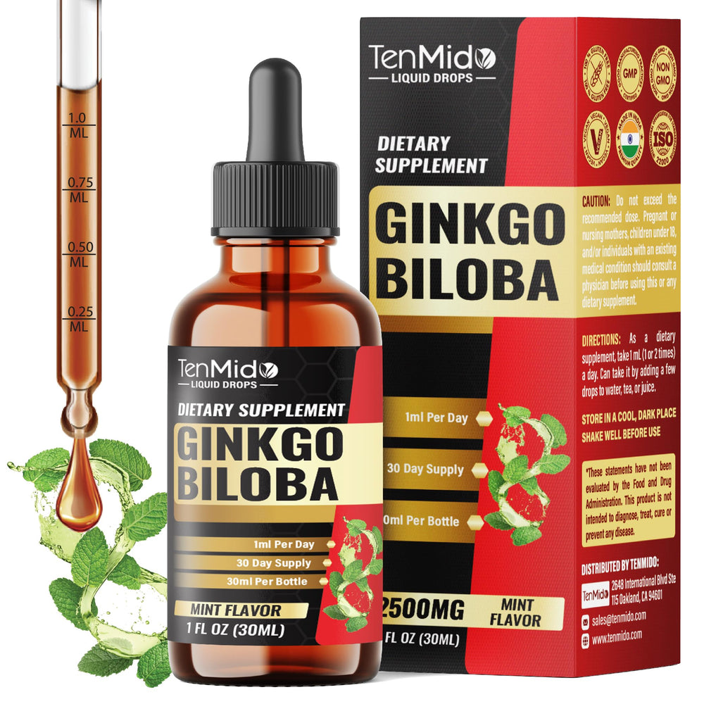 Tenmido Ginkgo Biloba bottle front displaying clean label for daily focus support.