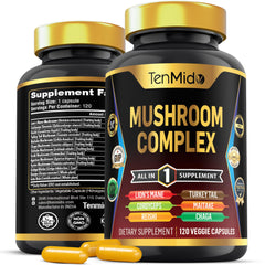 Tenmido Mushroom Complex bottle shows 13-in-1 blend for daily vitality.