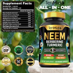 Close-up of Tenmido Neem Leaf capsules and blend.