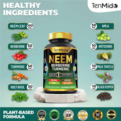 Tenmido Neem Leaf Supplement label with potency details.