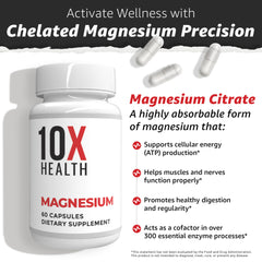 TenX Health Magnesium label view emphasizes quality ingredients and certifications.
