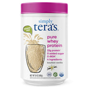 Tera's Simply Pure whey bottle pour highlighting clean, rBGH-free protein.