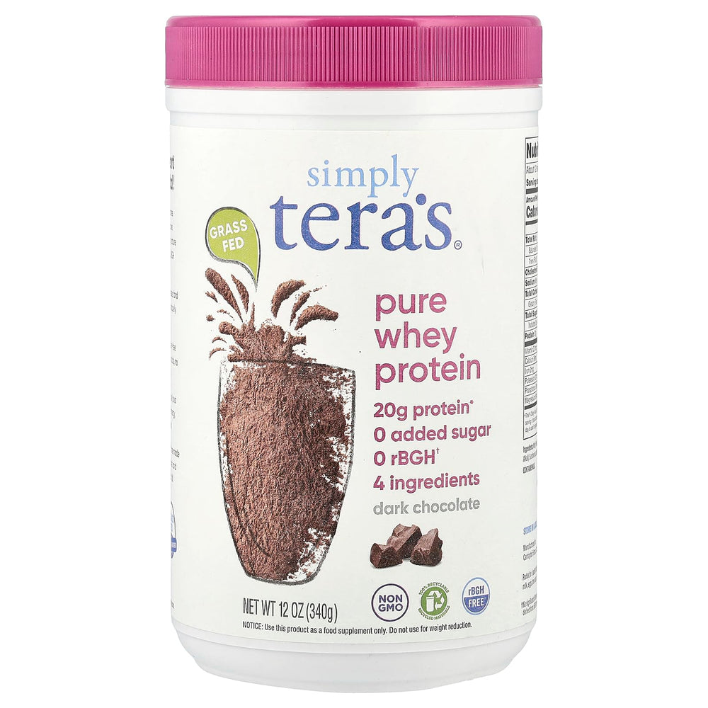 Tera's Whey Dark Chocolate bottle shows 12 oz for convenient daily protein.