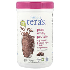 Tera's Whey Dark Chocolate bottle shows 12 oz for convenient daily protein.