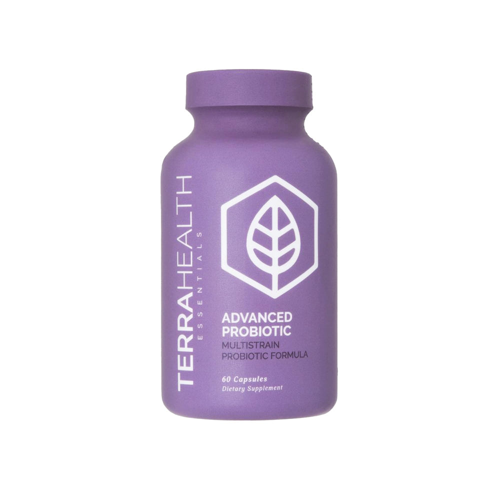 Terra Health Essentials Advanced Probiotics bottle closeup promotes daily gut balance.