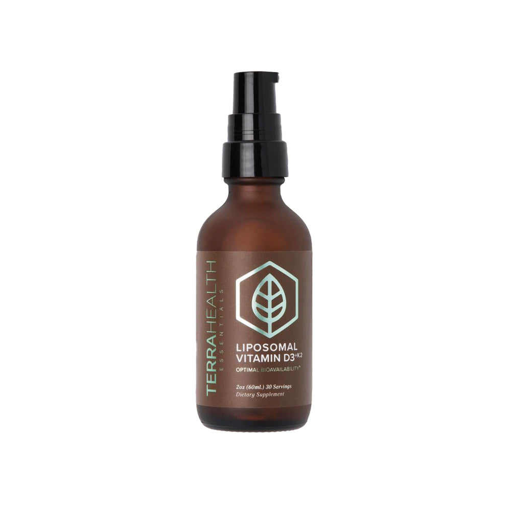 Terra Health Essentials liposomal Vitamin D3+K2 bottle shows high absorption for bone support