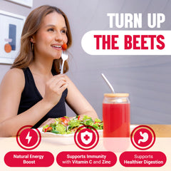 Terra Kai JUCE Reds glass with berry smoothie showing Garden Berry flavor.
