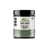 Terra Origin Healthy Gut mint flavor tub on a kitchen counter may support digestion.