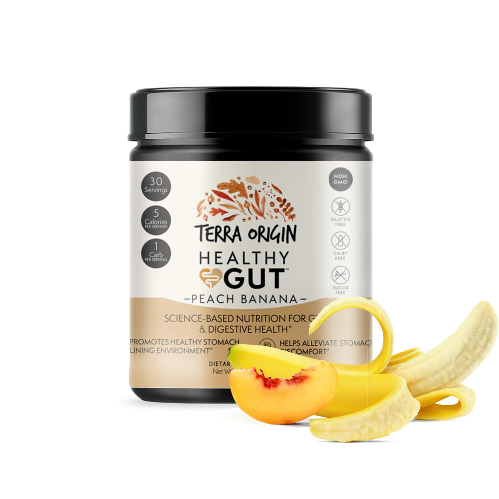Terra Origin Healthy Gut Peach Banana powder tub promotes digestive comfort.